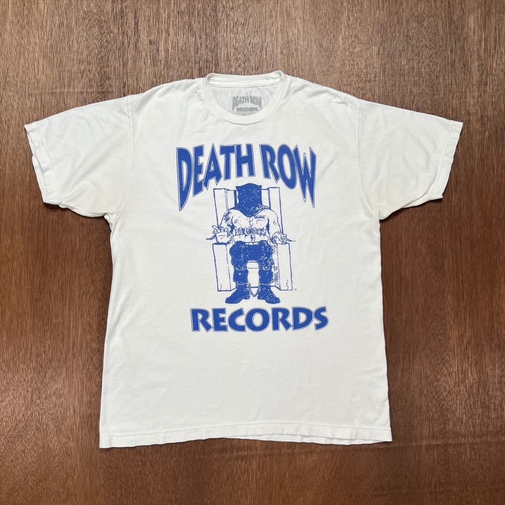 Death Row Records T-Shirt Large White Blue Electric Chair Logo Hip Hop Tee